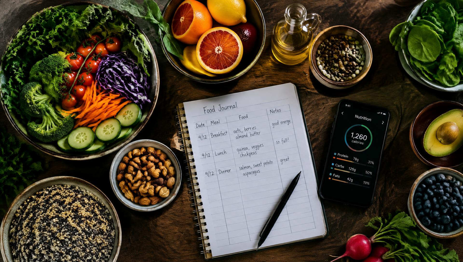 Table of fresh produce, a handwritten food journal, and a phone nutrition app