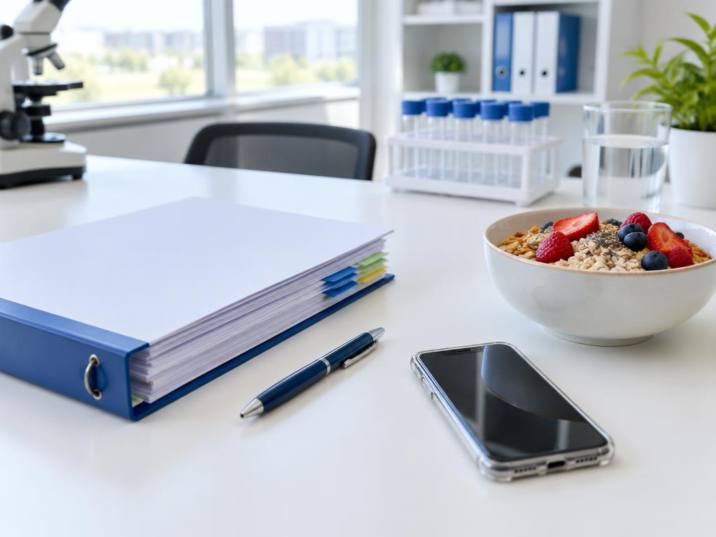 Study binder, pen, and phone beside a bowl of oats and berries