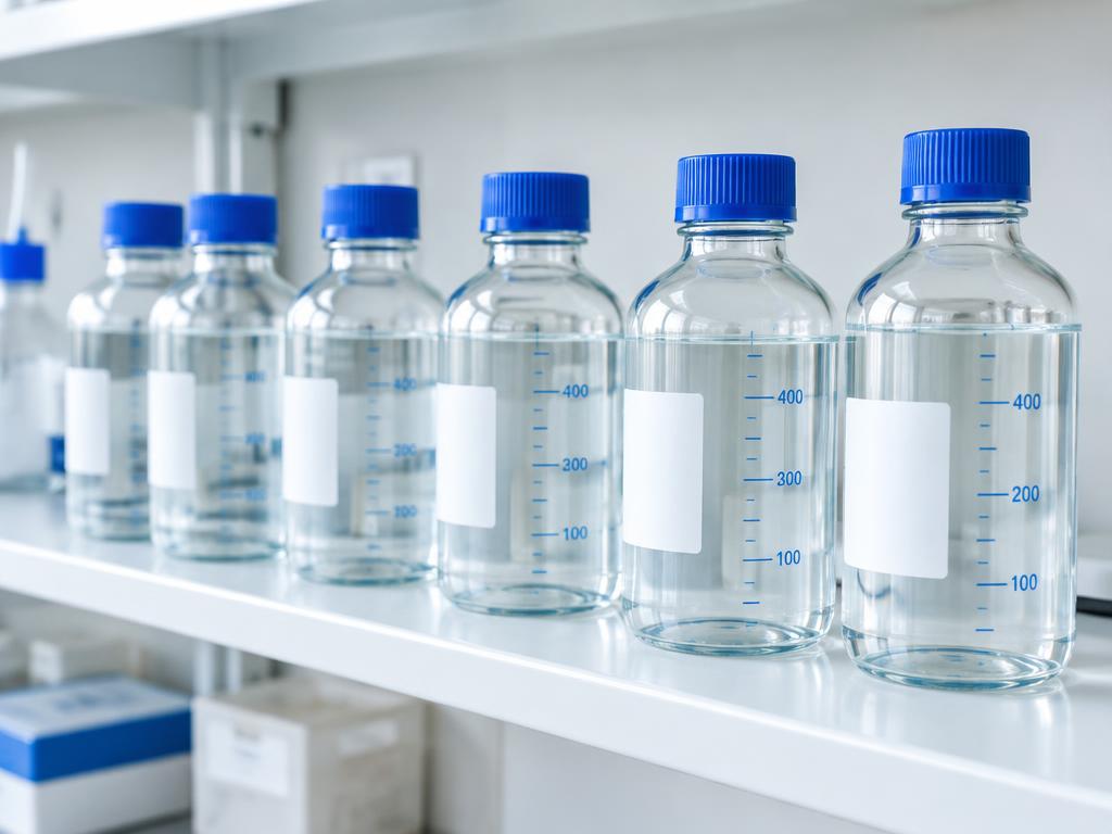 Row of measured water bottles on a white shelf
