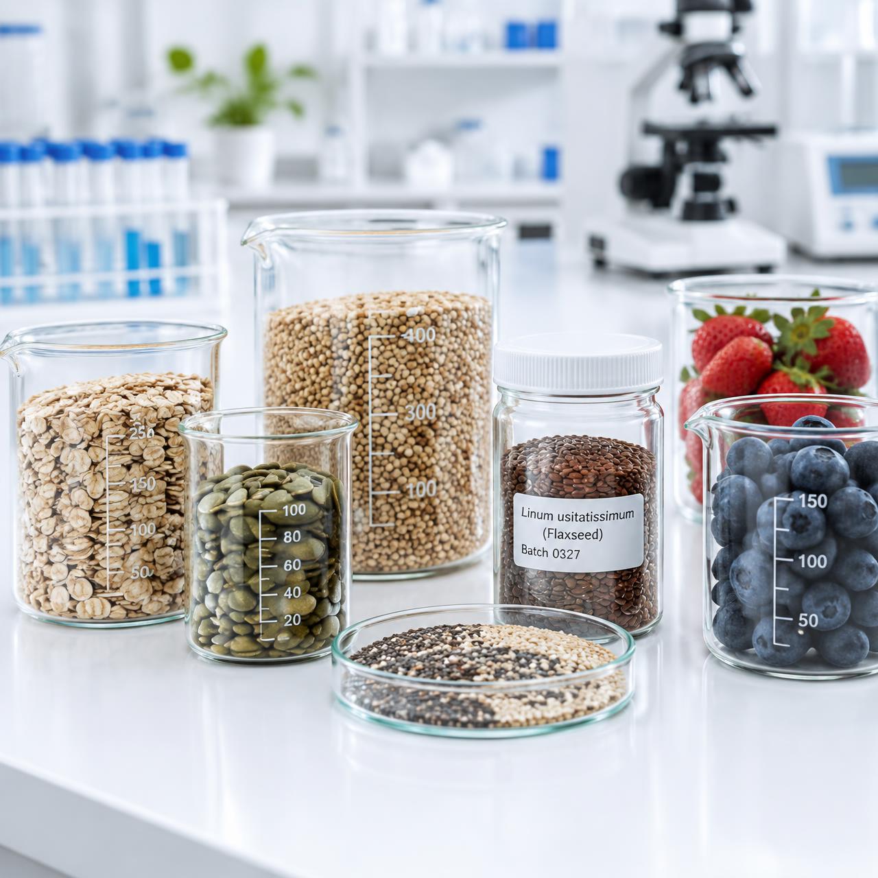 Glass beakers holding oats, seeds, and berries on a lab bench