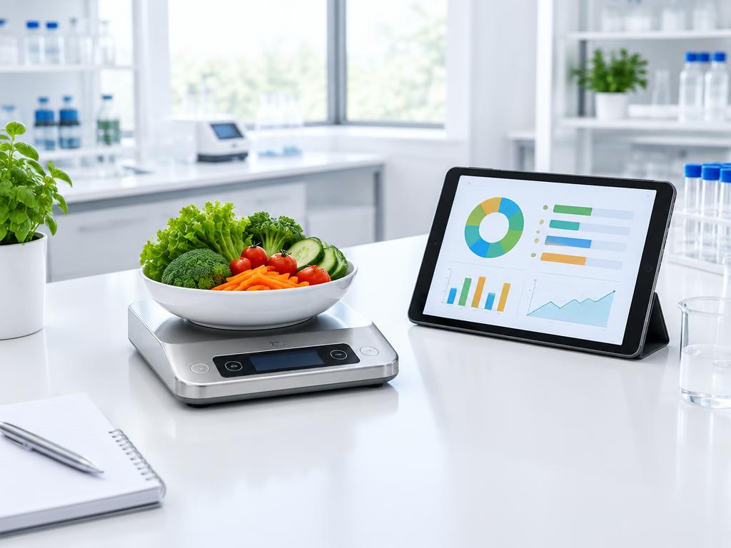 Kitchen scale with vegetables next to a tablet showing charts