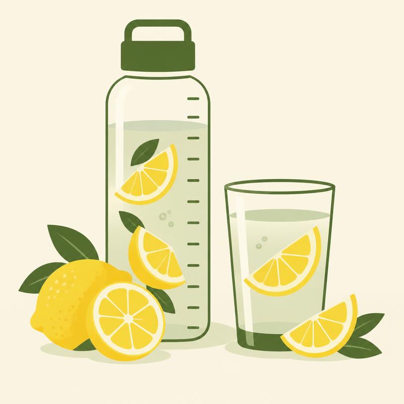Illustration of a measured water bottle and a glass with lemon