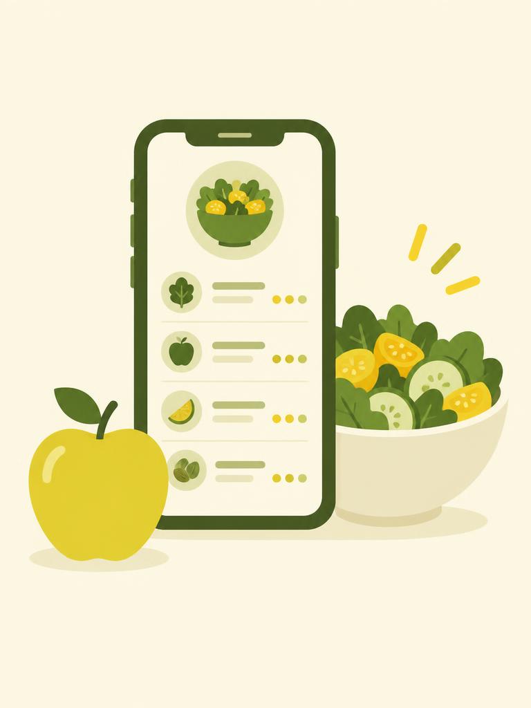 Illustration of a phone food log beside a salad and an apple