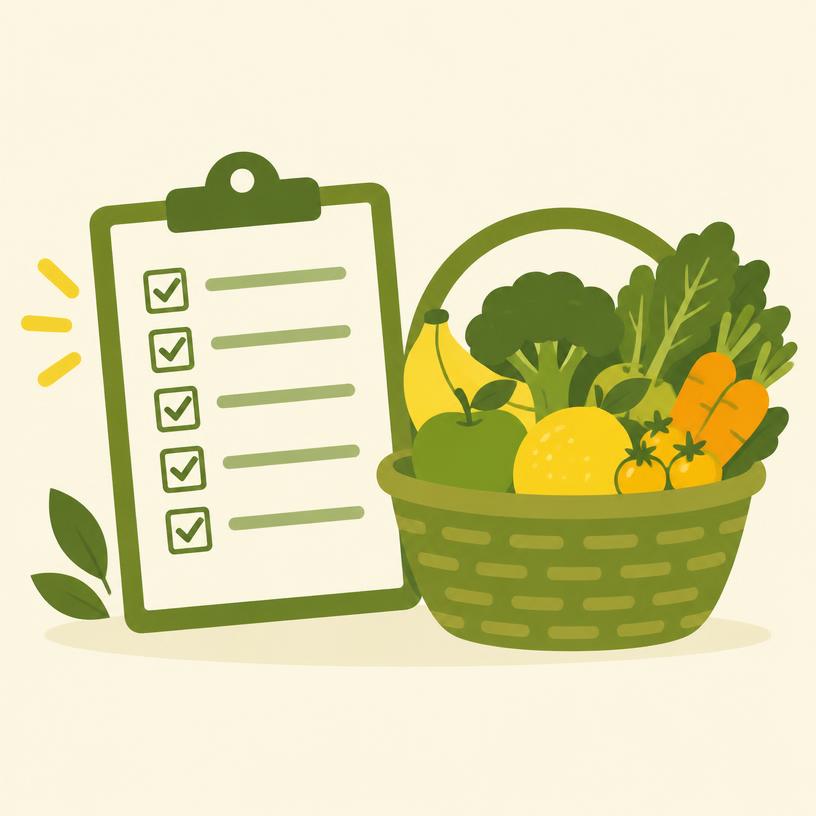 Illustration of a checklist clipboard beside a basket of produce