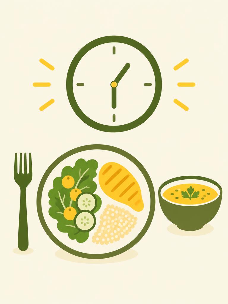 Illustration of a clock above a plate, fork, and soup bowl